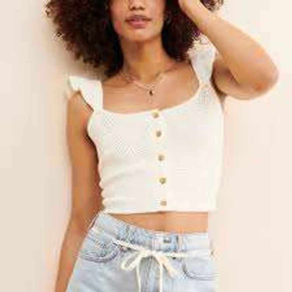 Urban Outfitters Cream Knit Ruffle Strap ButtonFront Crop Tank Top Ivory size XS